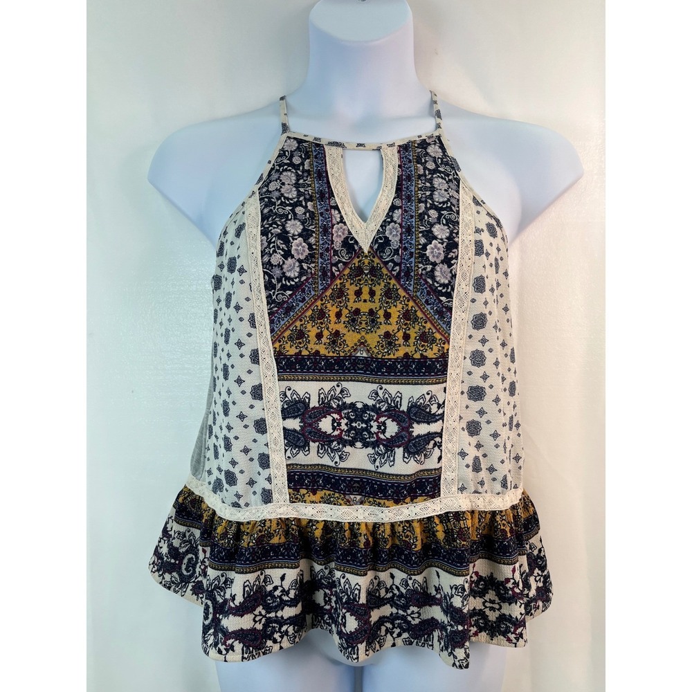 Xhilaration Women's Halter L Top Y2K Floral Peplum Sleeveless Boho‎ Festival VTG